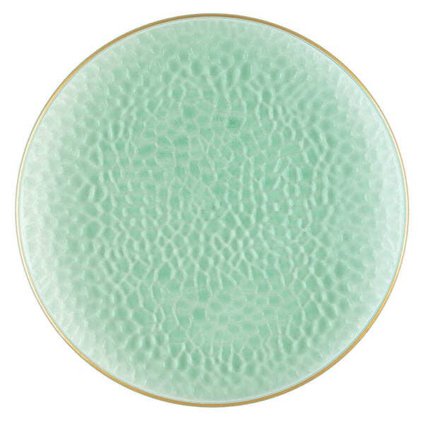 Green and Gold Rim Transparent Hammered 13″ Round Plastic Charger Plate - 4 Pack for wholesale by Posh Setting