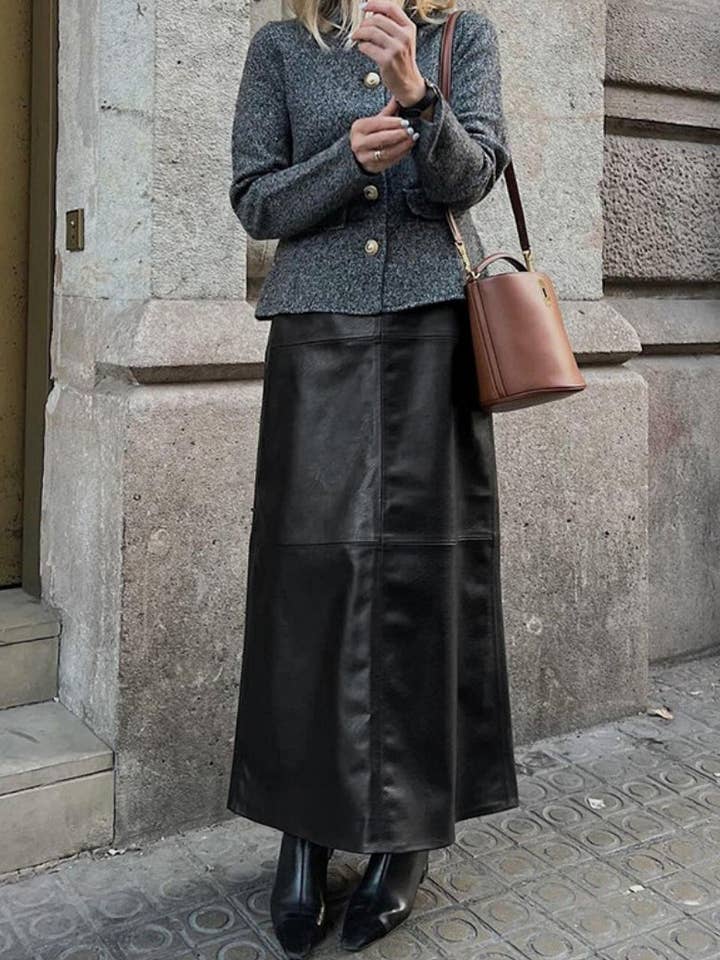 BLACK Faux Leather Maxi Skirt for wholesale on Faire7