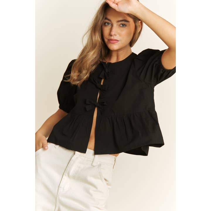 Sweet Generis - Wholesale Blouse - Women's - COTTON WOVEN SOLID OPEN FRONT BABYDOLL TOP BLOUSE WITH BOW D