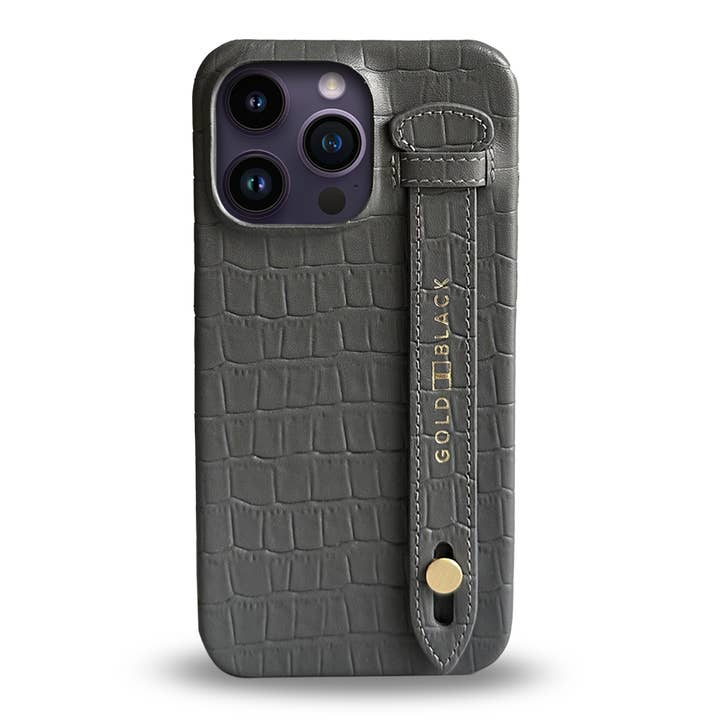 iPhone 14 Pro Max slank krokodille præget grå læderetui med fingerrem for engroshandel hos GOLDBLACK