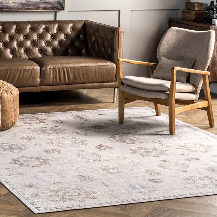 Beige Krystin Distressed Machine Washable Area Rug for wholesale on Faire30