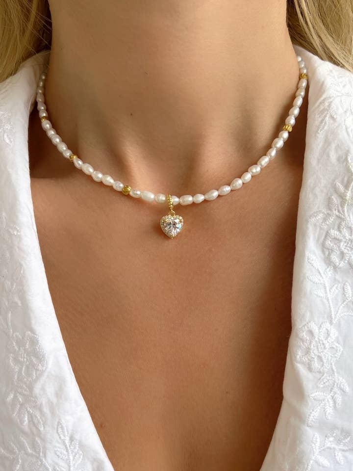 Freshwater Pearls Beded Necklace, Heart Charm Necklace for wholesale by Christina Christi