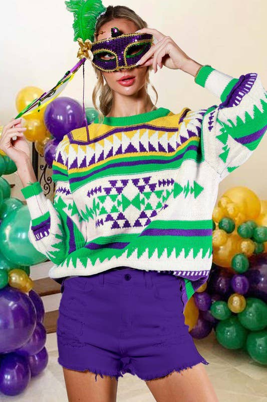 Vanilla Monkey - Wholesale Knitted jumper – Women′s - Aztec Mardi Gras Crew Neck Sweater Top2