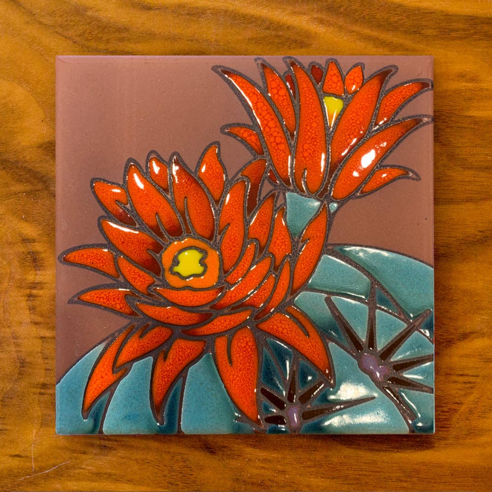 Carly Quinn Designs - Wholesale Wall Accent - Hedgehog Cactus Desert Bloom Hand Glazed Fine Art Tile Trivet1