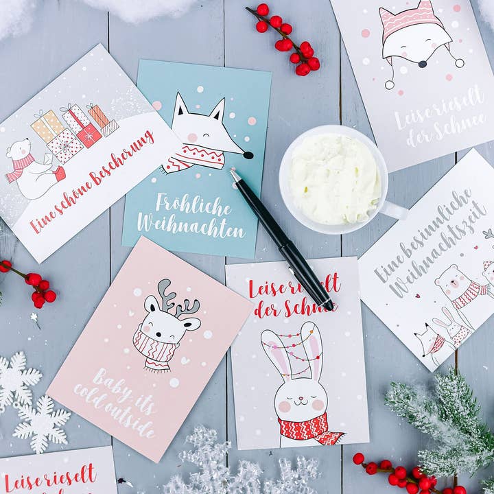 B2B Julekort sæt 14 - Søde dyr (pastel) for engroshandel hos Papierdrachen