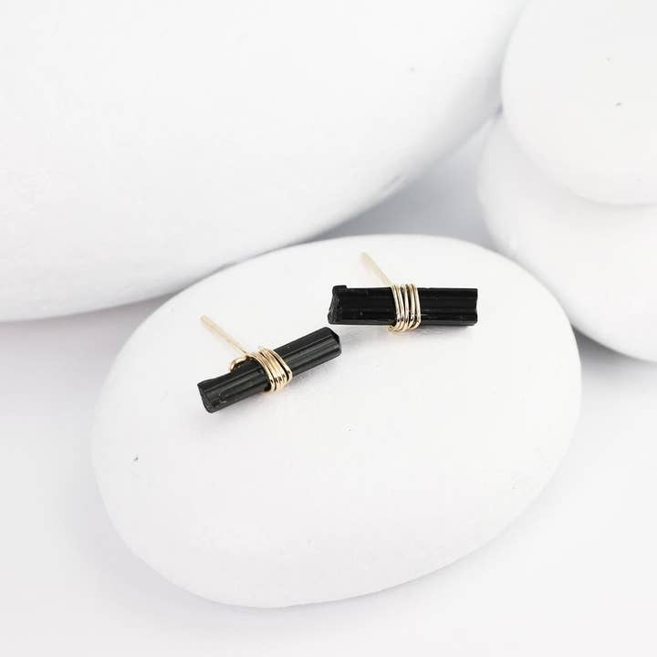 Lotus Stone Jewelry – wholesale Hängande örhängen – Svart turmalin kristall T-stångdubbar3