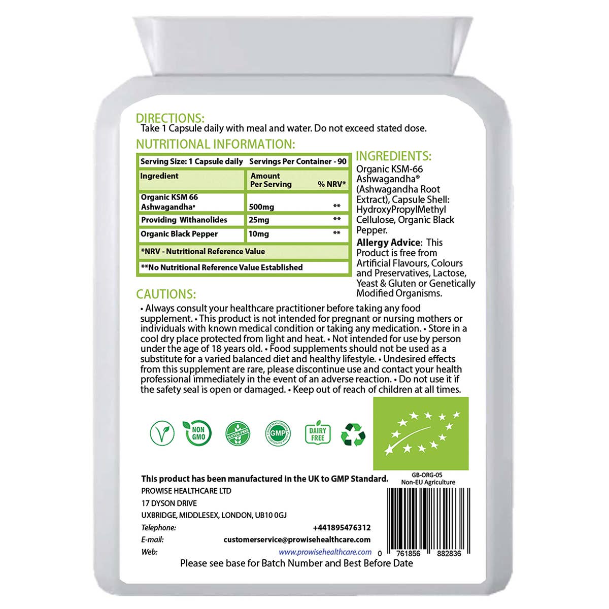 Prowise Healthcare – Großhandel Nahrungsergänzungsmittel/Vitamin zum Einnehmen – KSM-66 Ashwagandha mit Bio-Schwarzem Pfeffer, 500 mg, 90 Kapseln1