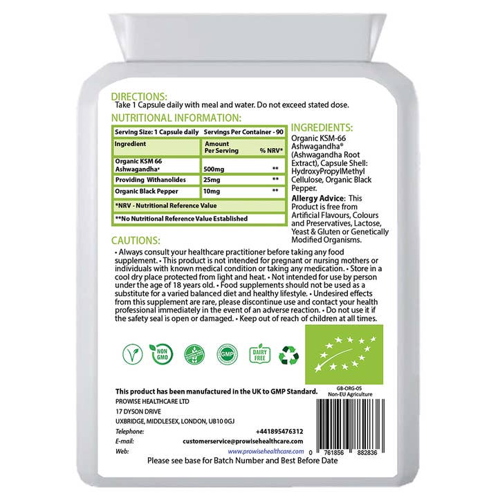 Prowise Healthcare – Großhandel Nahrungsergänzungsmittel/Vitamin zum Einnehmen – KSM-66 Ashwagandha mit Bio-Schwarzem Pfeffer, 500 mg, 90 Kapseln1