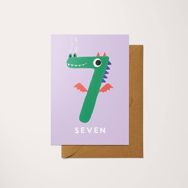 Cute 7th Birthday Card | Dragon | Kids Age Card for wholesale by Holly Fox Illustrates