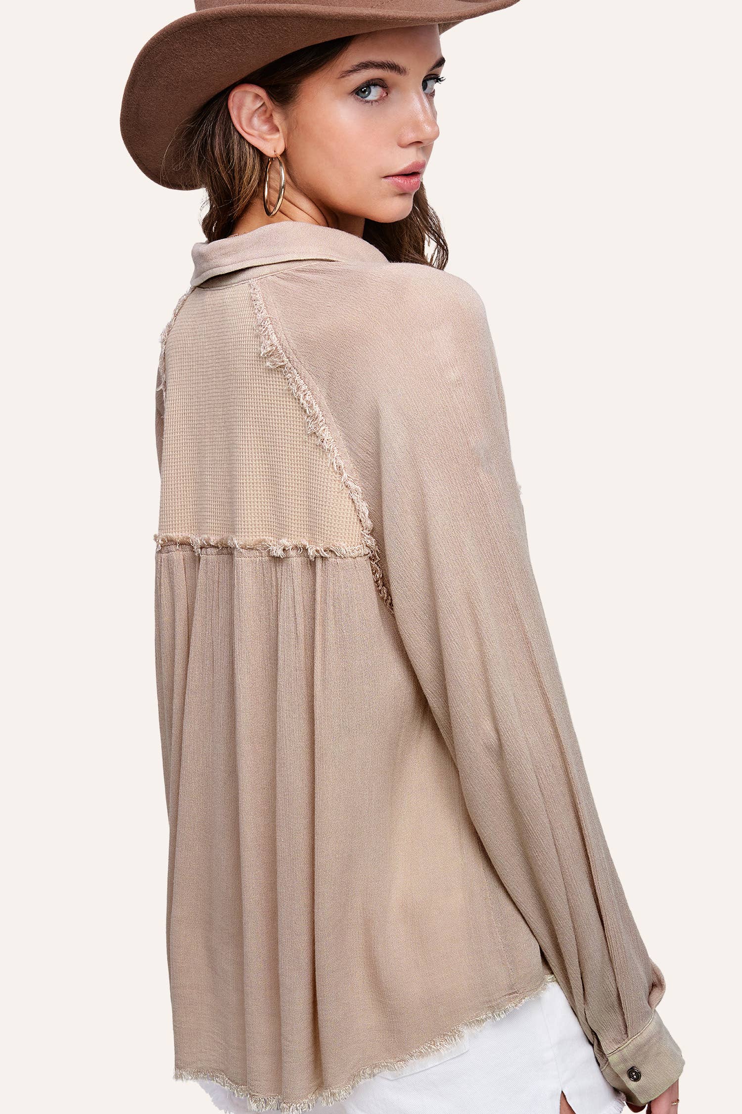 La Miel - Wholesale Button Down Shirt - Women's - SRT7802-Soft Washed Button Down Waffle Textured Gauze Shirts11