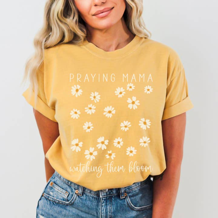 Scripted Pearl - Wholesale Screen Printed T-Shirt - Women's - Praying Mama Watching Them Bloom Daisies Comfort Colors Tee5