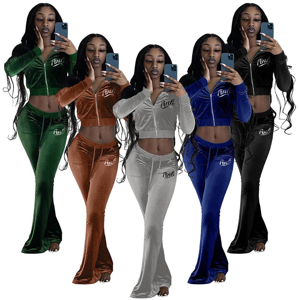 MB Fashion Wholesale - Wholesale Tracksuit - Women's - MB FASHION Velvet Zip-Up Jacket and Wide-Leg Pant Set 218R5