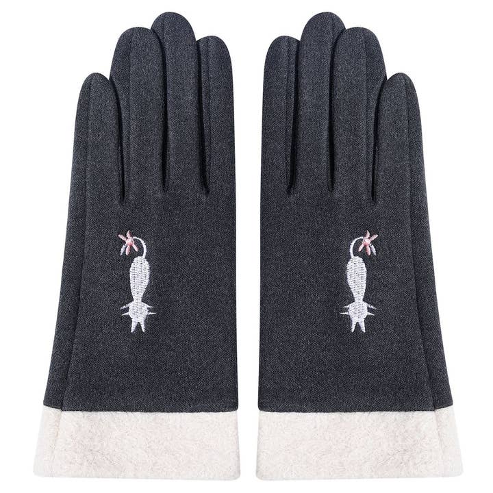 Grey - Faux Fur gloves with cat embroided for wholesale by Shine Mark Accessories