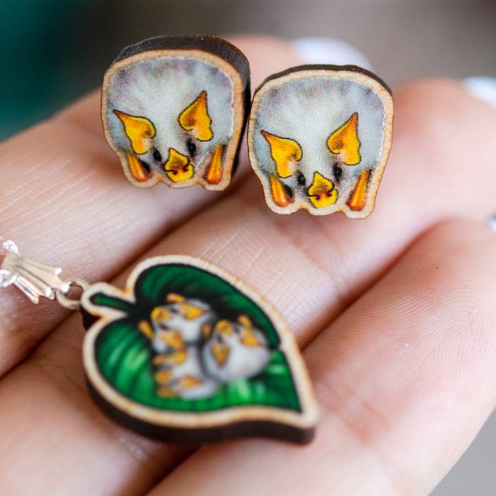 Honduran White Bat Wooden earrings, Titanium eco Studs for wholesale by The Slug And Kraken