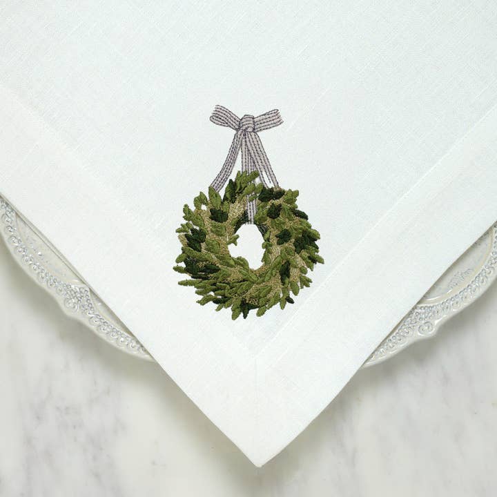 Boxwood Wreath Large Napkin for wholesale by Arte Italica & Crown Linen Designs