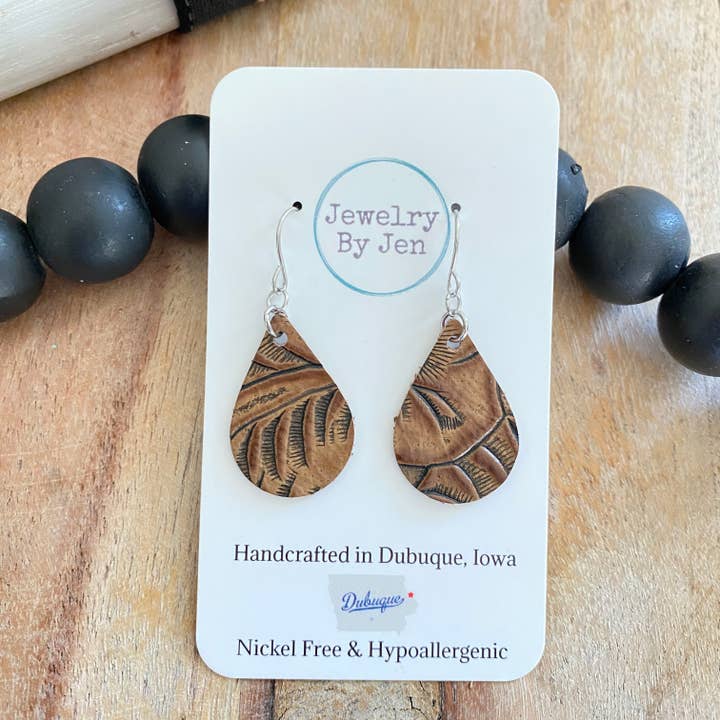Small Teardrop Earrings: Brown Western Tooled for wholesale by Jewelry By Jen