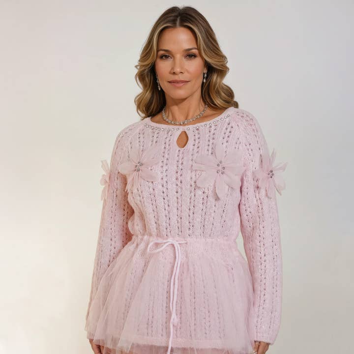 Blød striktrøje med flæser og snøre i taljen for engroshandel hos PEACH ACCESSORIES