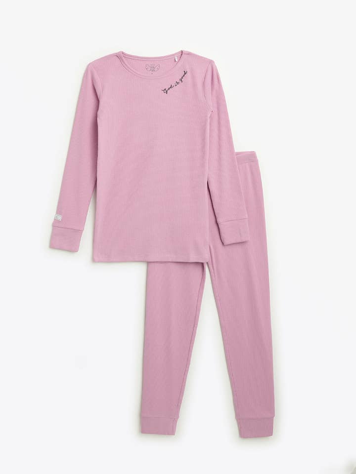Solid Mauve PJ Long Sleeve Set Ribbed Cotton-Bamboo Blend for wholesale by Holy Pals