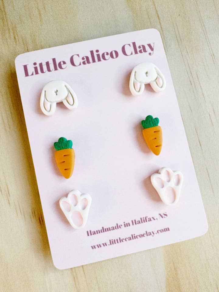 Lot de clous en forme de lapin de Pâques | Boucles d'oreilles en pâte polymère pour la vente par Little Calico Clay