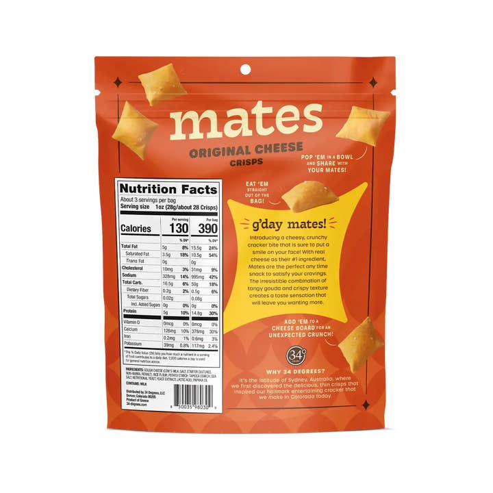 34 Degrees - Wholesale Crackers - Gluten Free Original Mates Cheese Crisps- 12CT