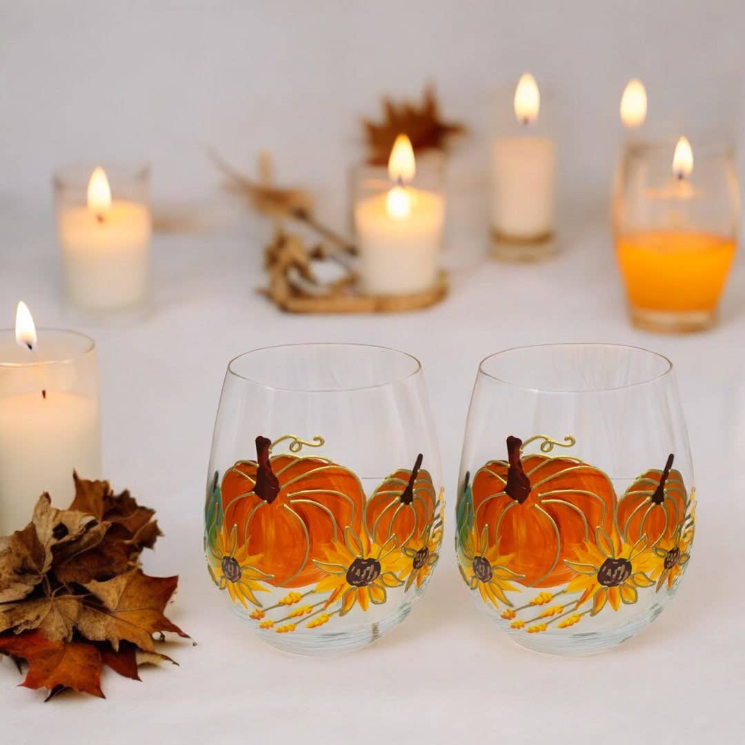 Jersey Art Glass - Wholesale Wine Glass - Painted Pumpkin Stemless Glass (Set of 2)2