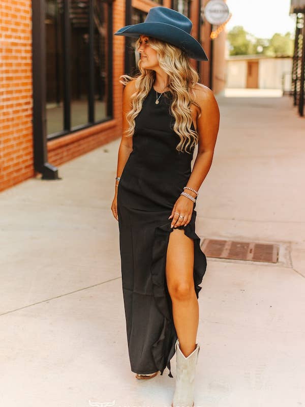 Black Satin Halter Ruffle Slit Hem Dress for wholesale by LUCKY & BLESSED