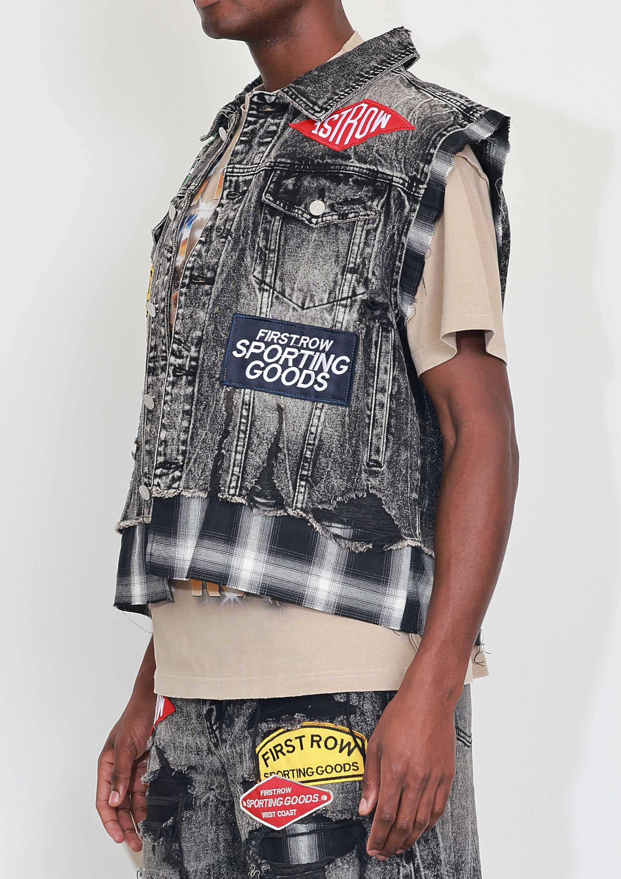 Black Stone PATCHES CUT OFF PLAID DENIM VEST for wholesale on Faire1