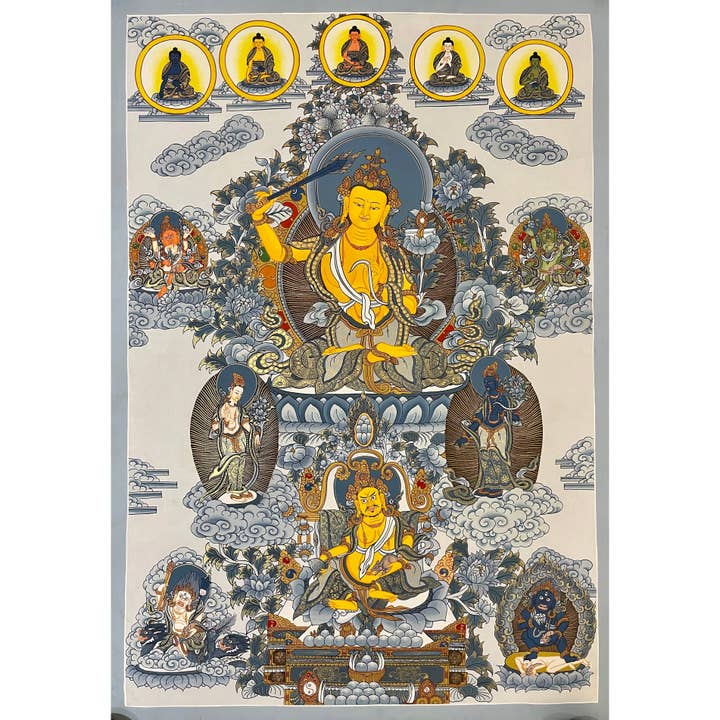 Manjushri & Jambhala tibetansk thangka för wholesale av Art Of Tibet
