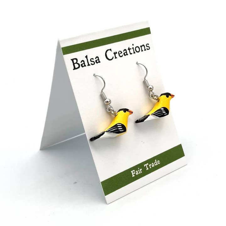 American Goldfinch Balsa Earrings for wholesale by Women of the Cloud Forest