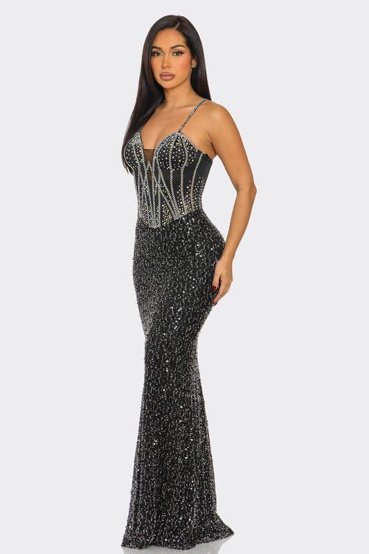 BANJUL – Großhandel Kleid – Damen – Paillettenbesetztes schmales Träger-Maxikleid8