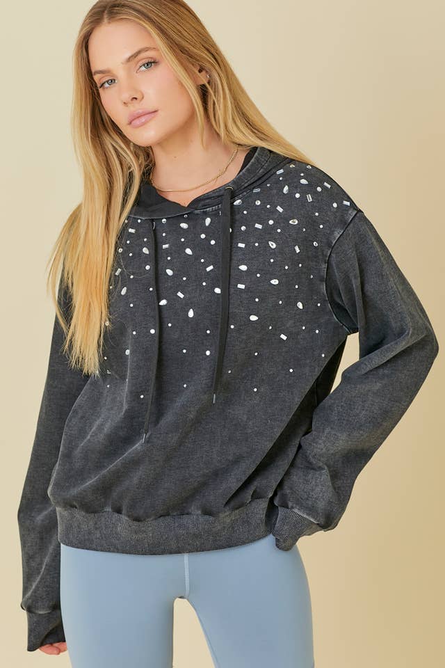 BLACK Washed Hoodie With All Over Rhinestone Detail for wholesale on Faire8