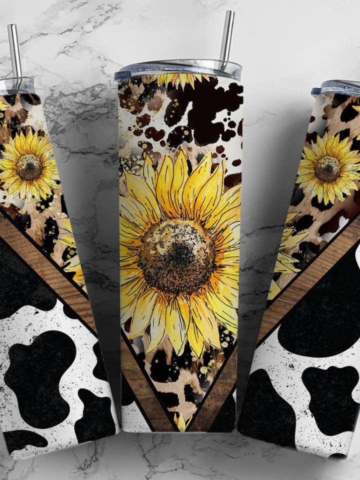 Sunflower Cowprint tumbler for wholesale by Trendy Threads Designs LLC