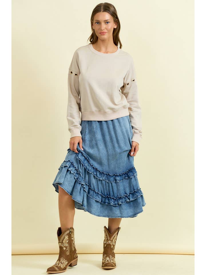 DENIM ASYMMETRISK VOLANG MIDI-KJOL - 6606S för wholesale på Faire3