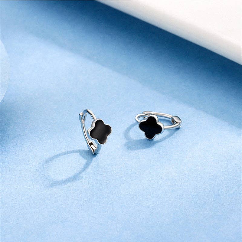 Perimade & Co. LLC - Wholesale Huggie Earrings - Black Four Leaf Clover Hoop Earrings in 925 Sterling Silver2