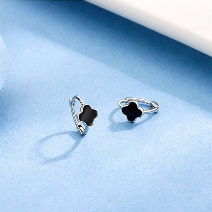 Perimade & Co. LLC - Wholesale Huggie Earrings - Black Four Leaf Clover Hoop Earrings in 925 Sterling Silver2