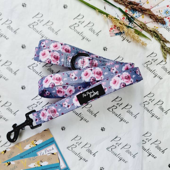 Secret Garden Grey Floral Dog Lead (wedding/Flower) for wholesale by Pet Pooch Boutique