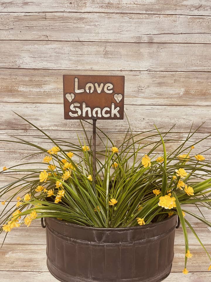 Love Shack Plant Stake Plaque Valentine's Day Plant Stake for wholesale by Universal Ironworks USA