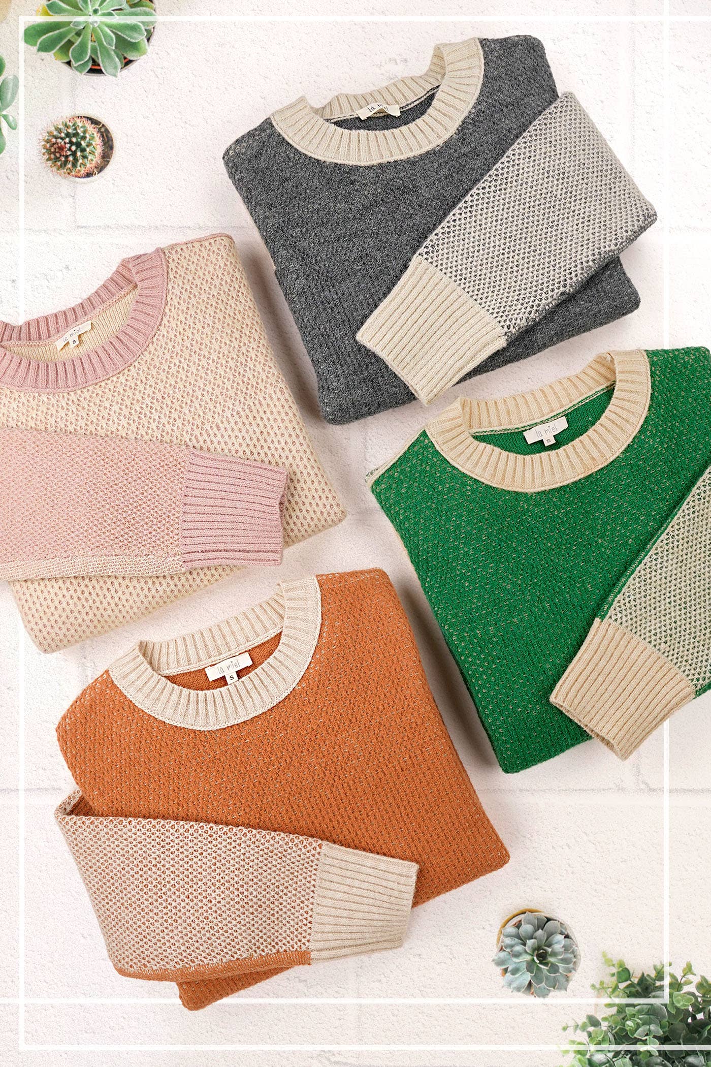 La Miel - Wholesale Knit Sweater - Women's - MCS3556-Loose Fit Color Block Textured Round Neck Sweater 32