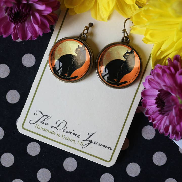 Retro Halloween Chat Noir Glass Cabochon Earrings for wholesale by The Divine Iguana