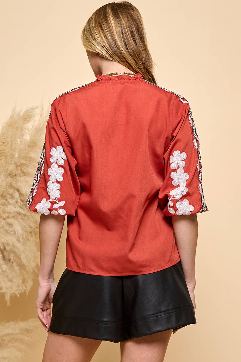 RUST Floral Embroidery Blouse  for wholesale on Faire10