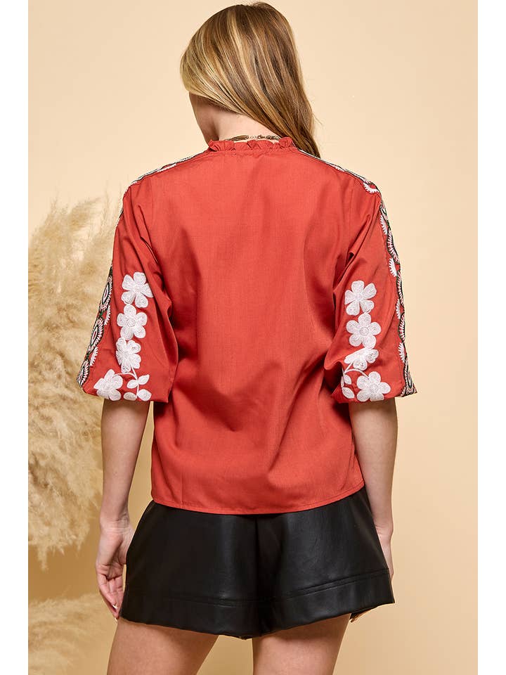 RUST Floral Embroidery Blouse for wholesale on Faire10