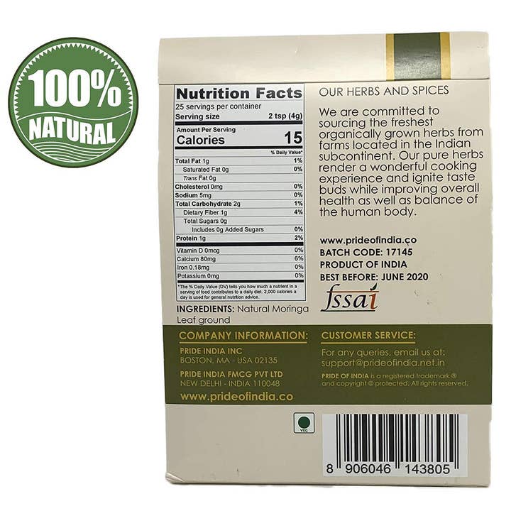 PRIDE INDIA BRANDS - Wholesale Protein/superfood powder - Pride Of India - Moringa Leaf Ground, (3.53oz - 100gm)3