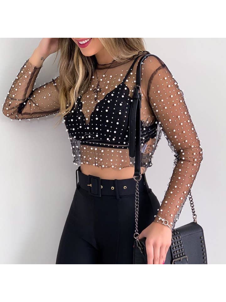 Sweetkama - Wholesale Blouse - Women's - Pearl Rhinestone Studded See Through Mesh Crop Top SKT1976
