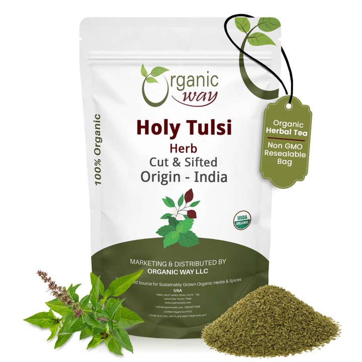 Helig Tulsi/Helig Basilika Ört Skuren & Siktad (Ocimum Tenuiflorum) - Rena Blad | Kosher Certifierad | Rå, Vegansk, Icke-GMO & Glutenfri | USDA Certifierad | Ursprung - Indien för wholesale av Organic Way LLC