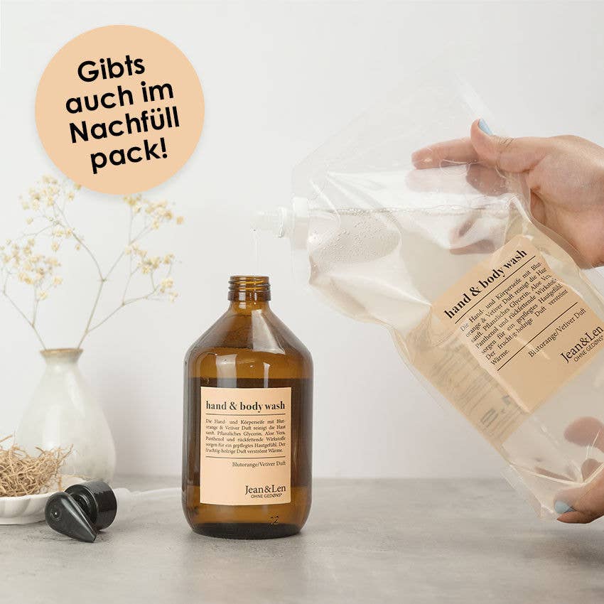 Jean & Len – wholesale Hand soap/wash – Hand & Body Wash Blood Orange/Vetiver 500Ml Glass Bottle2