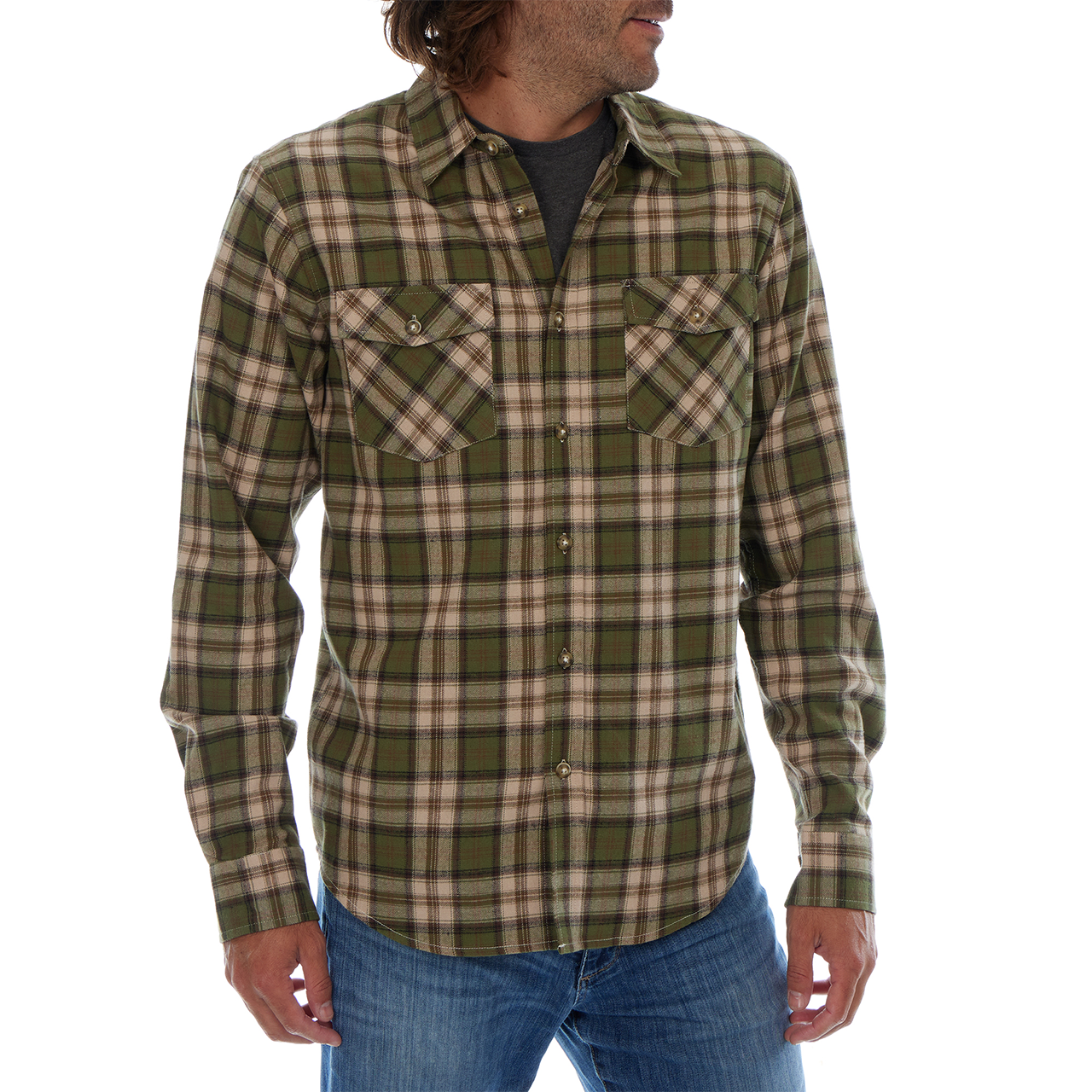 PX - Wholesale Button Down Shirt - Men's - Long Sleeve Flannel Plaid Front Pockets Shirt Lt Olive Khaki7