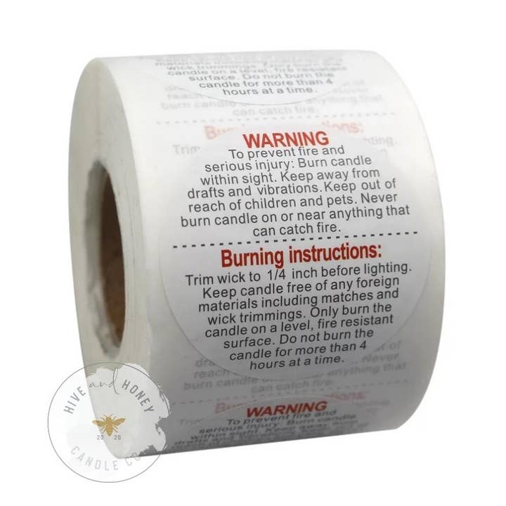 Hive and Honey Candle Supply - Wholesale Jar/Filled Candle - Candle Warning Labels 1.50 Inch | 500 Labels per Roll