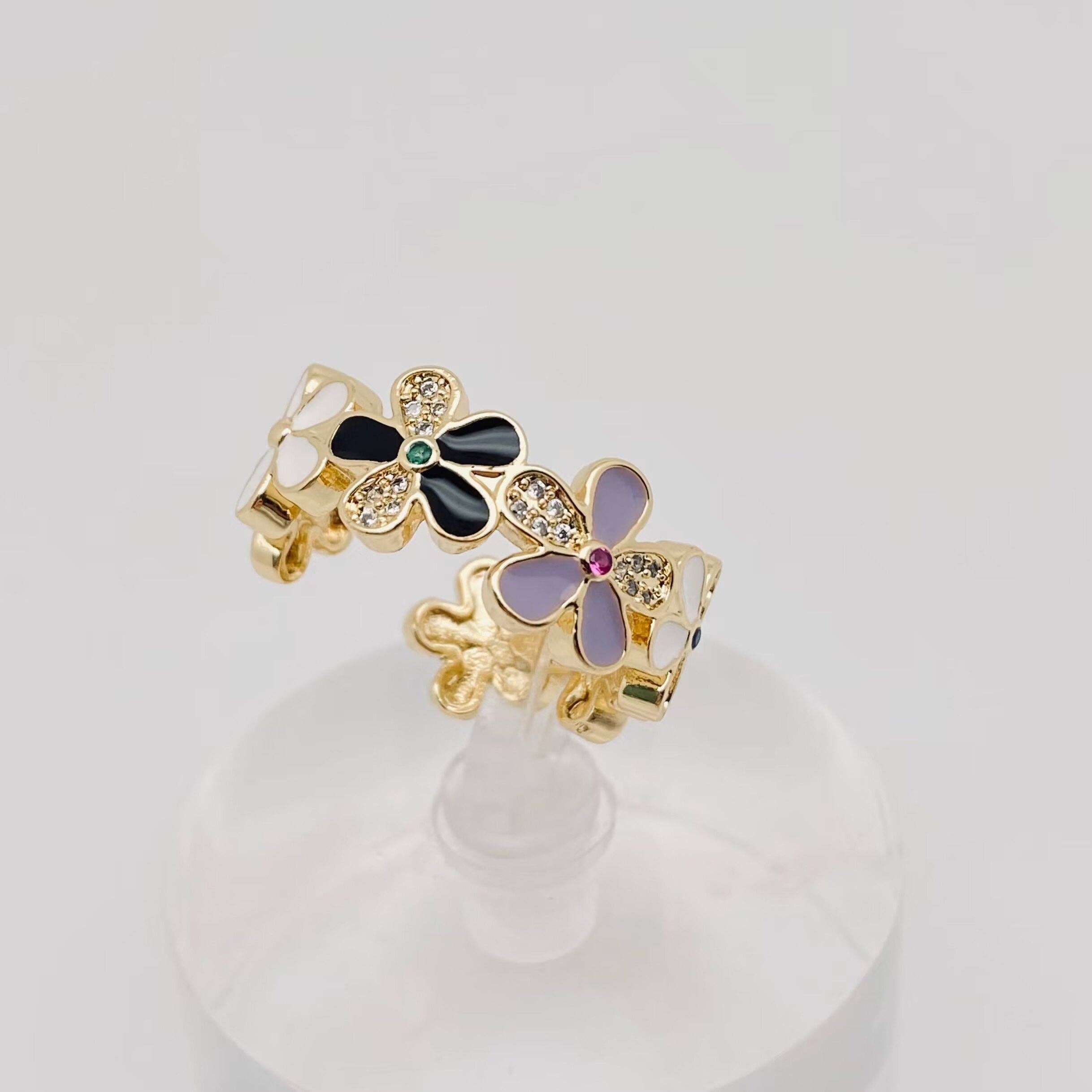 Mio Queena - Wholesale Cocktail/Statement Ring - Enamel Flower Gold Plated Adjustable Ring5