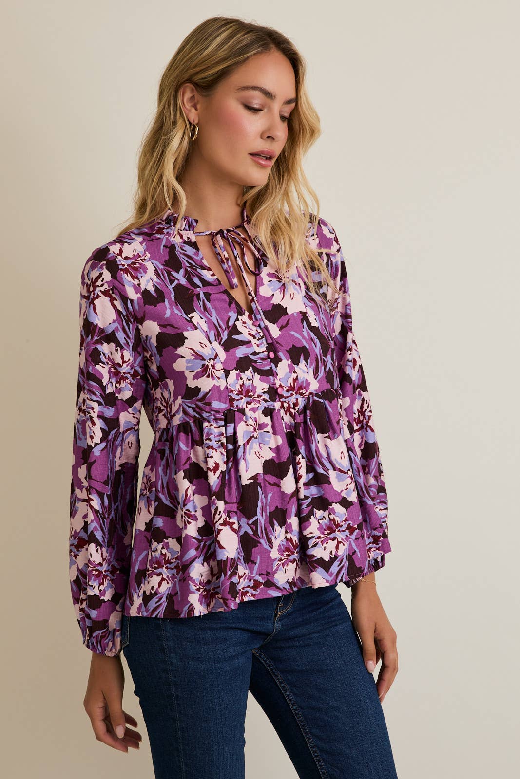 LAVENDER MULTI MOCK NECK FRONT TIE LONG SLEEVE TOP for wholesale on Faire1