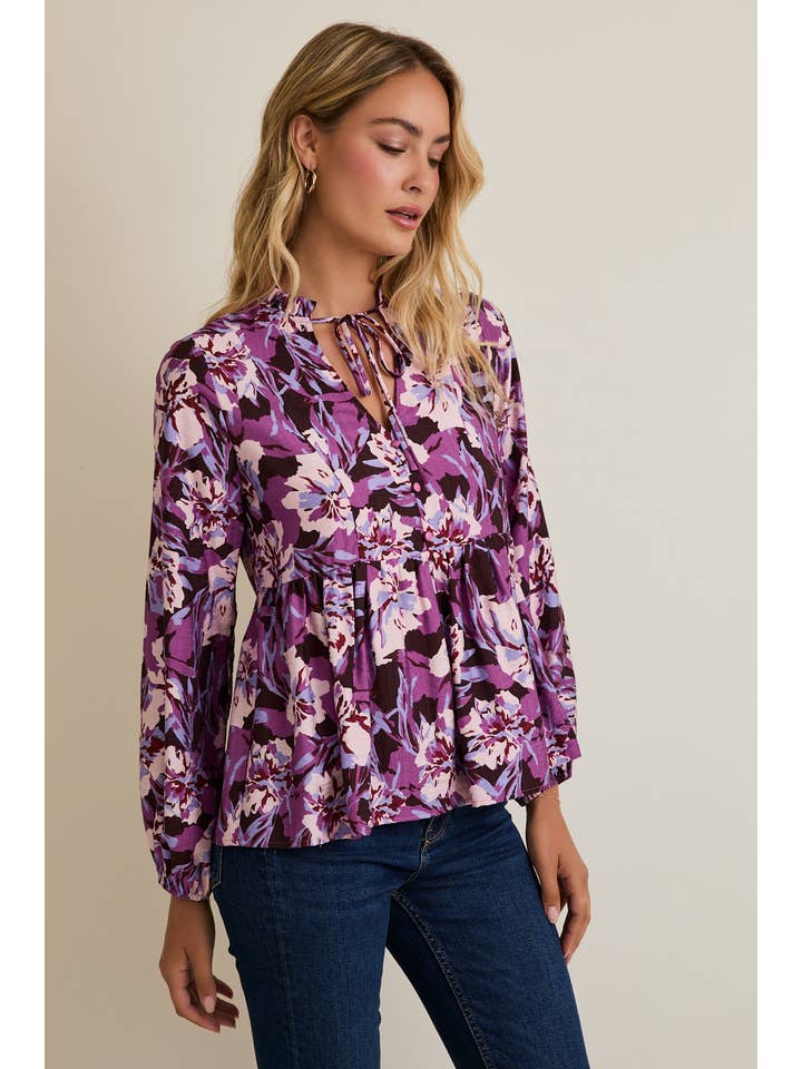 LAVENDER MULTI MOCK NECK FRONT TIE LONG SLEEVE TOP for wholesale on Faire1